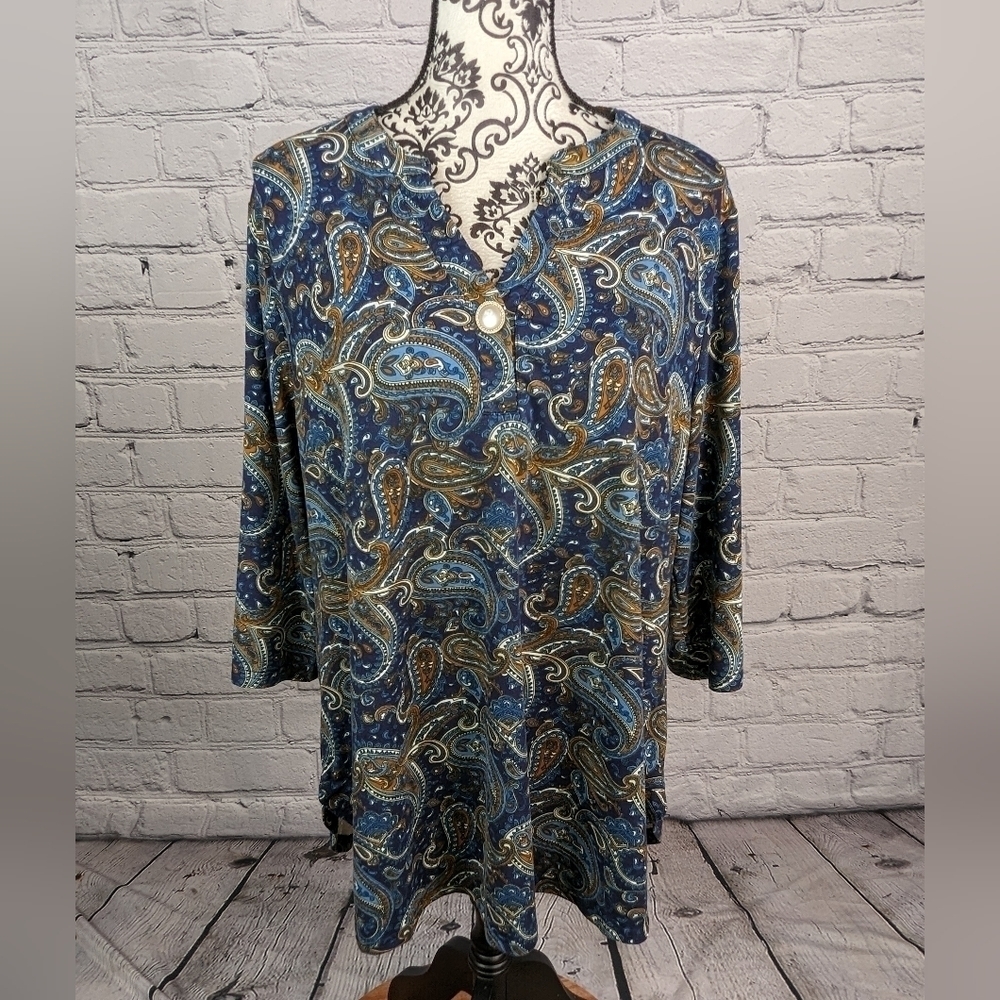 Lienridy women's long sleeve paisley print long sleeve stretch knit 1x top b20a